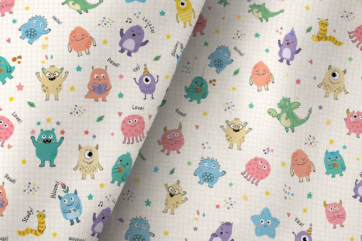 Pair of little monsters kids curtains in a child's bedroom