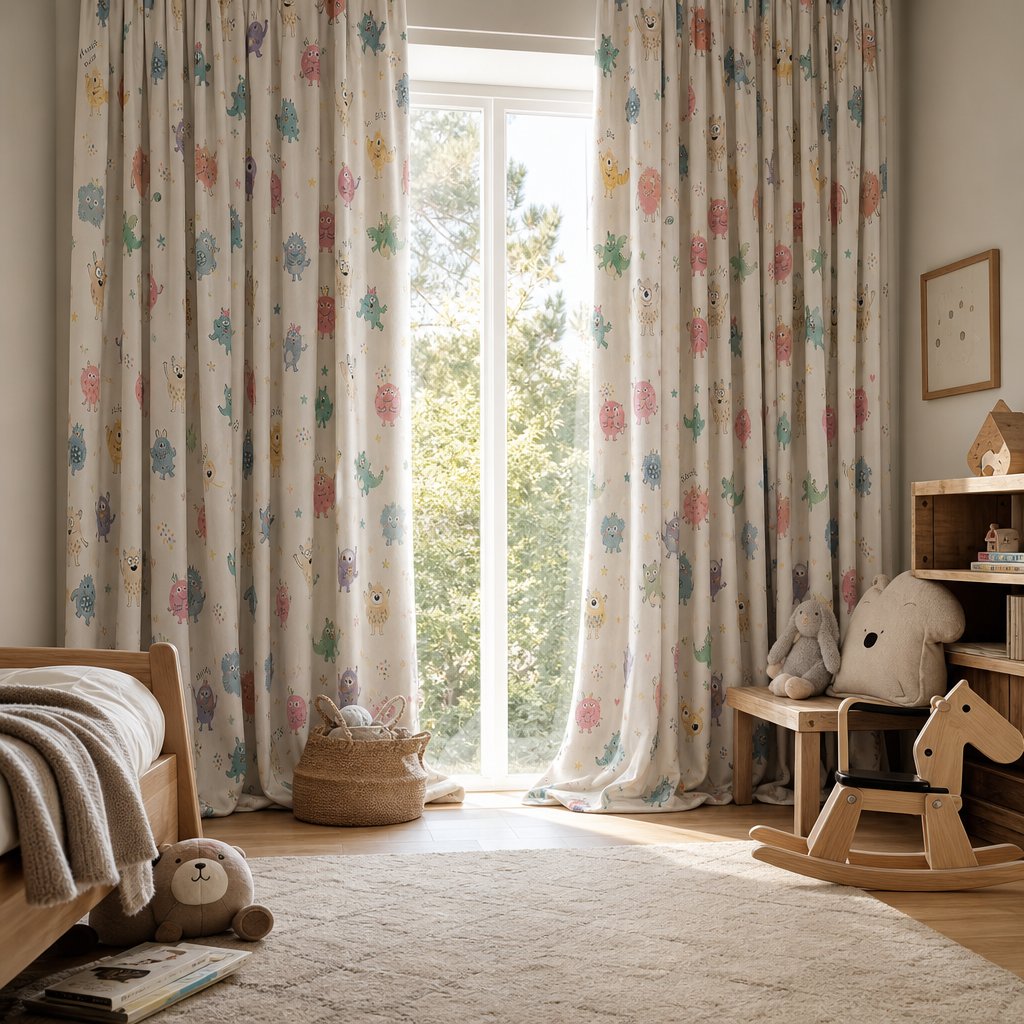 Little monsters kids curtains styled with neutral decor