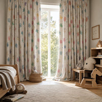 Little monsters kids curtains styled with neutral decor