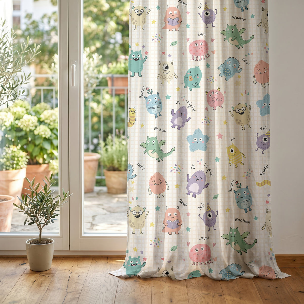 Little monsters kids curtain at glass patio doors