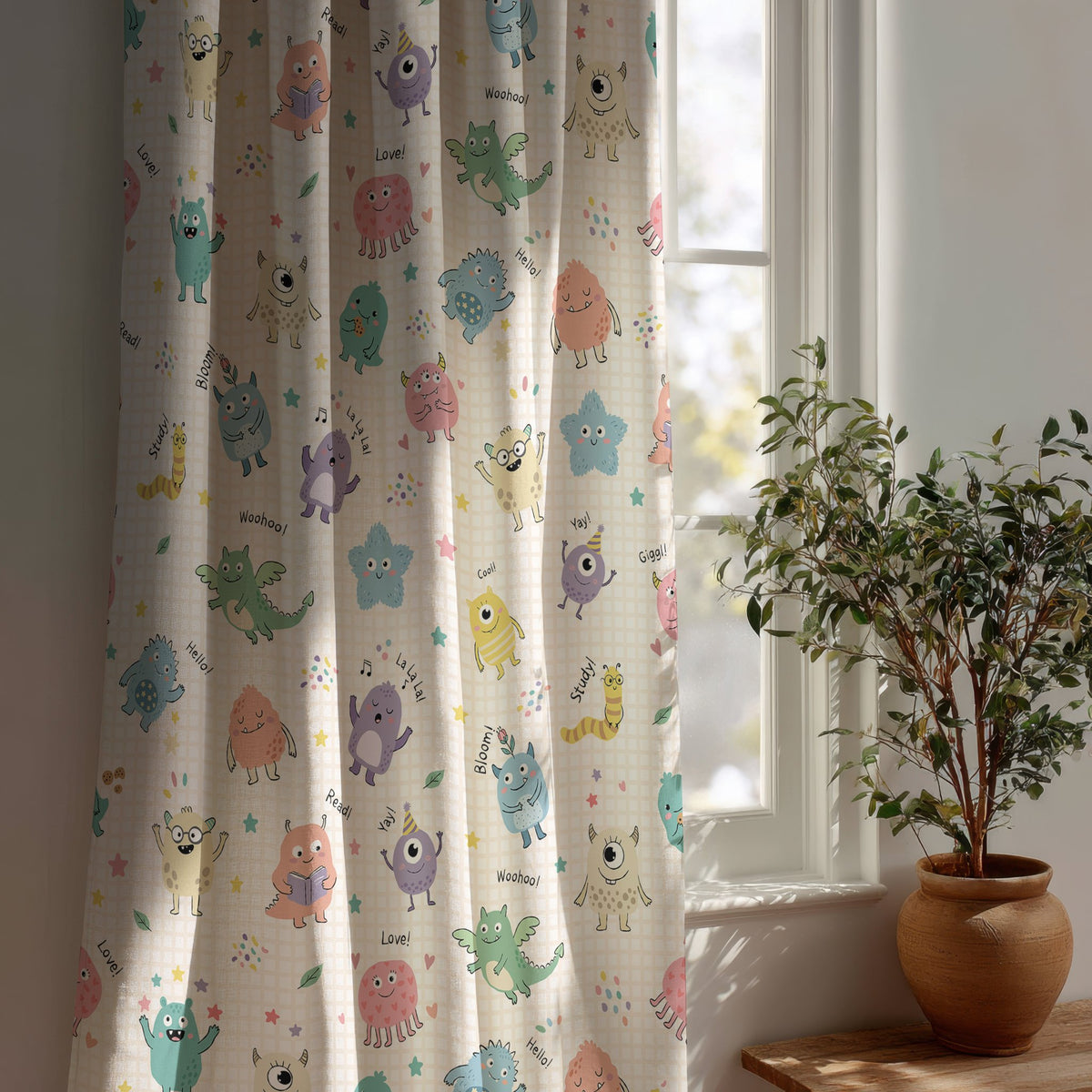 Little monsters kids curtain beside a potted olive tree