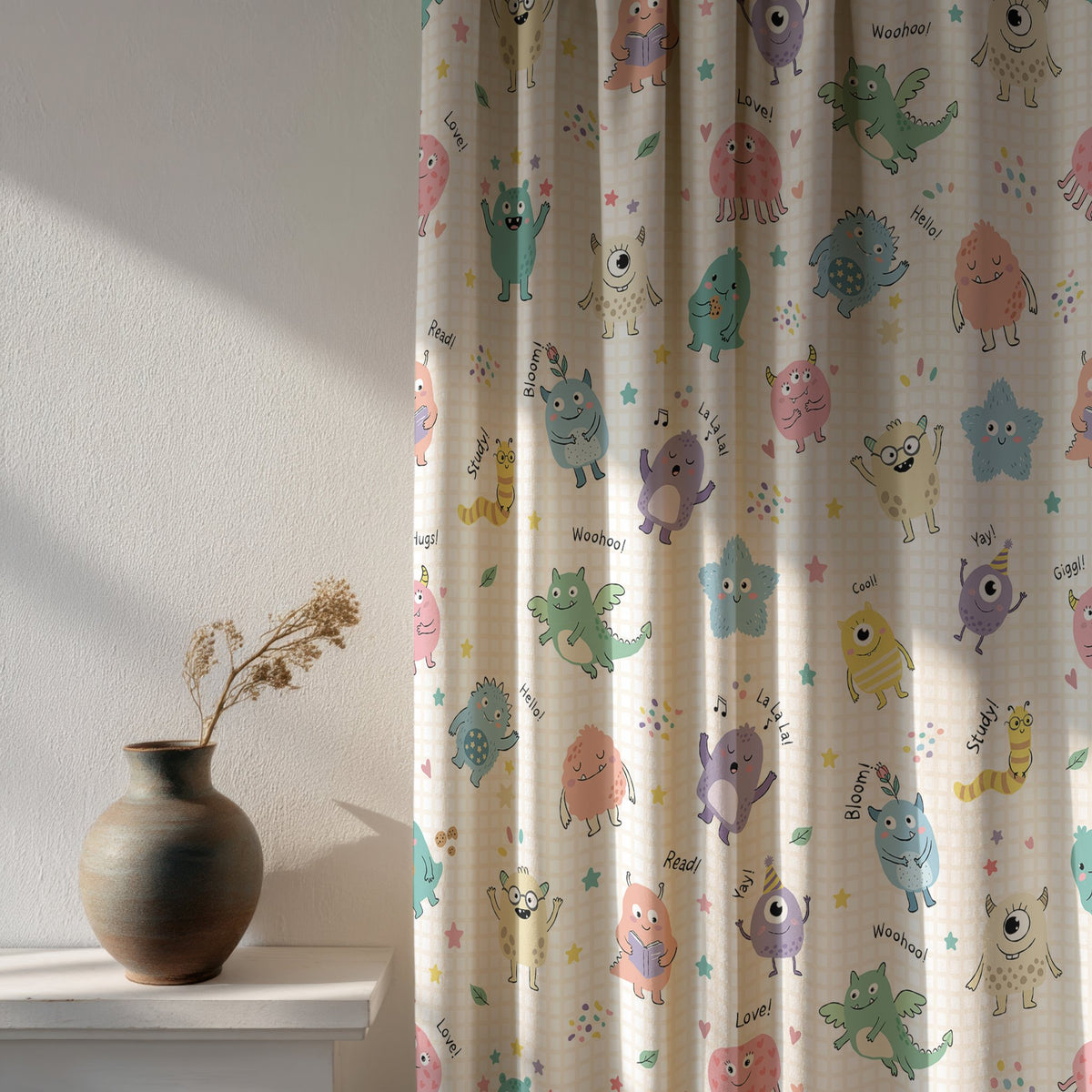 Soft daylight through a little monsters kids curtain