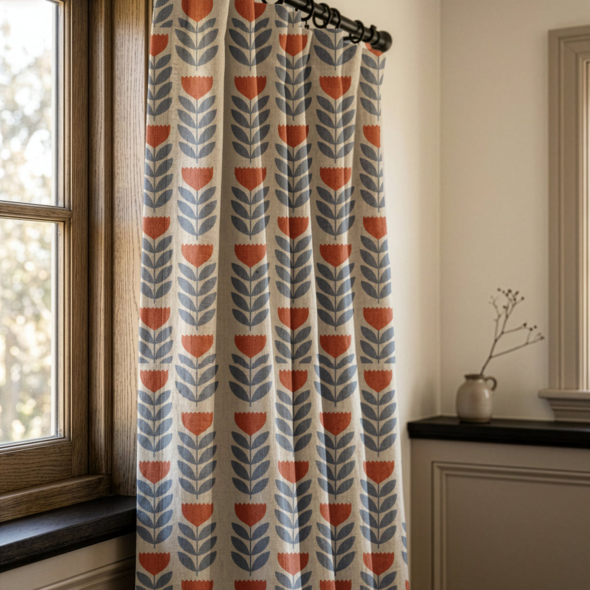 Mid century modern tulip curtains in slate blue and red in a living room