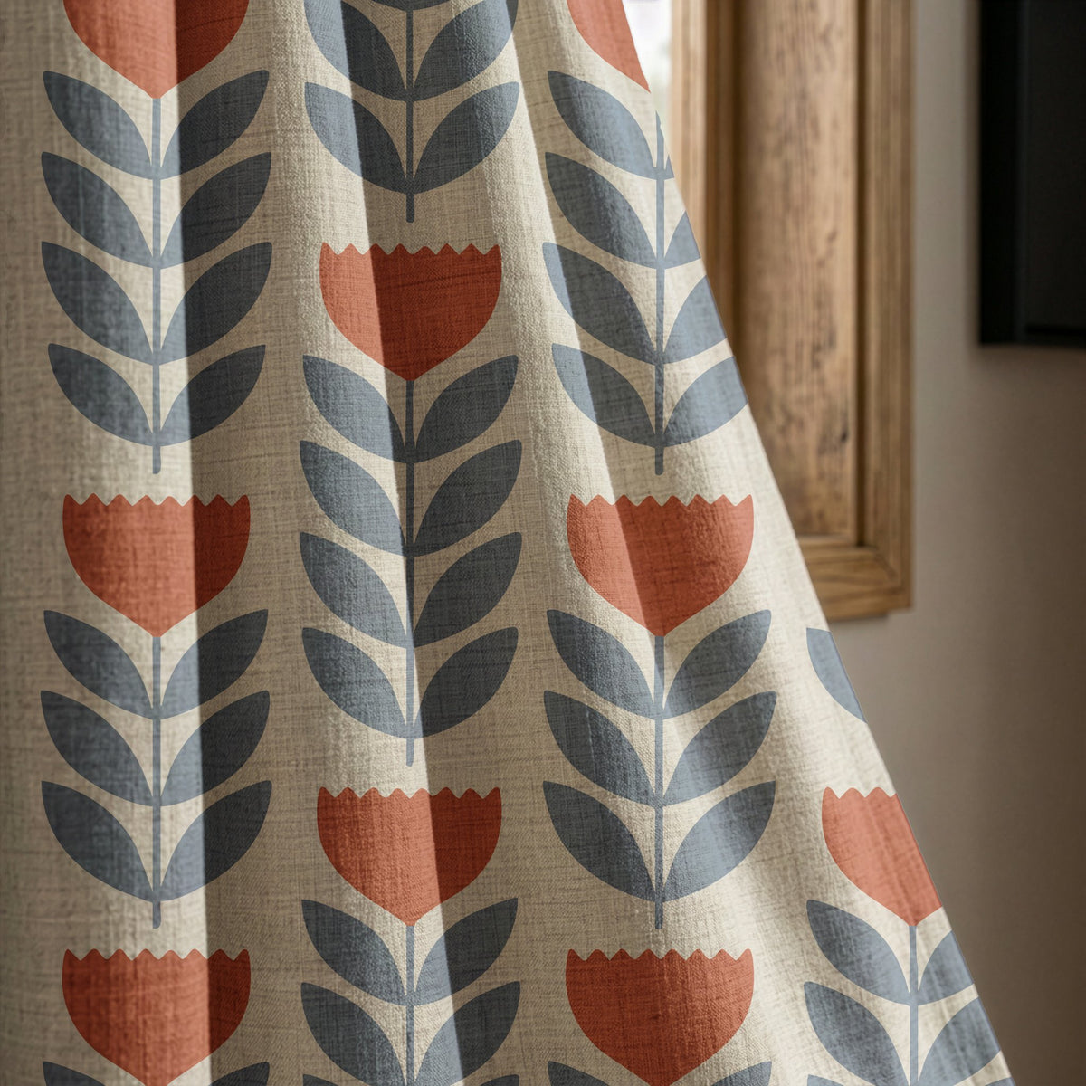 Mid century tulip curtain panel beside a wooden window