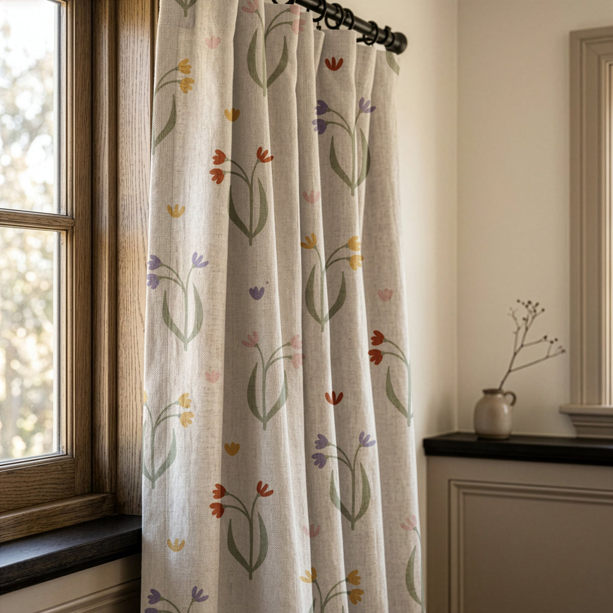 Minimal tulip stem curtains in a warm living room
