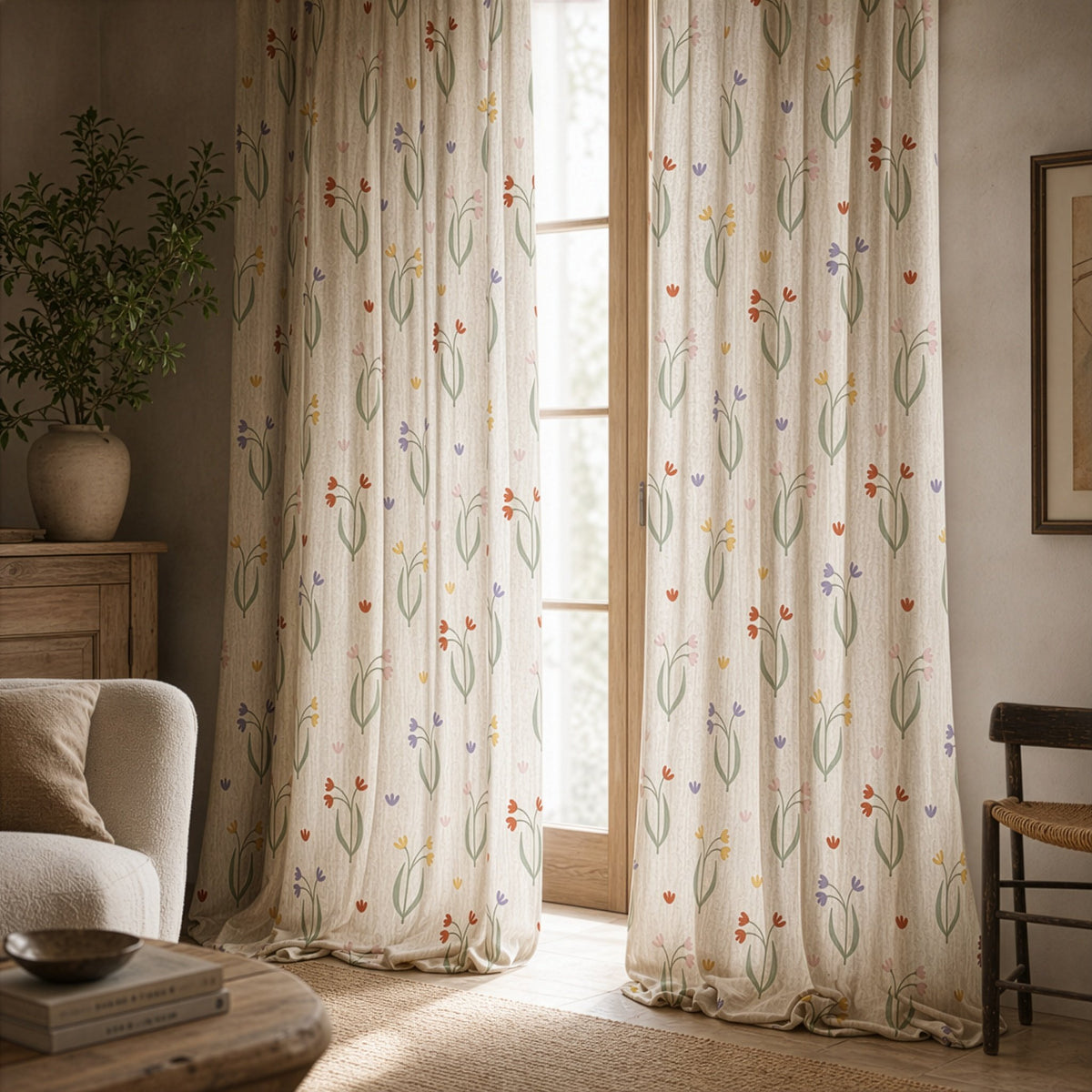 Minimal tulip stem curtains in a living room