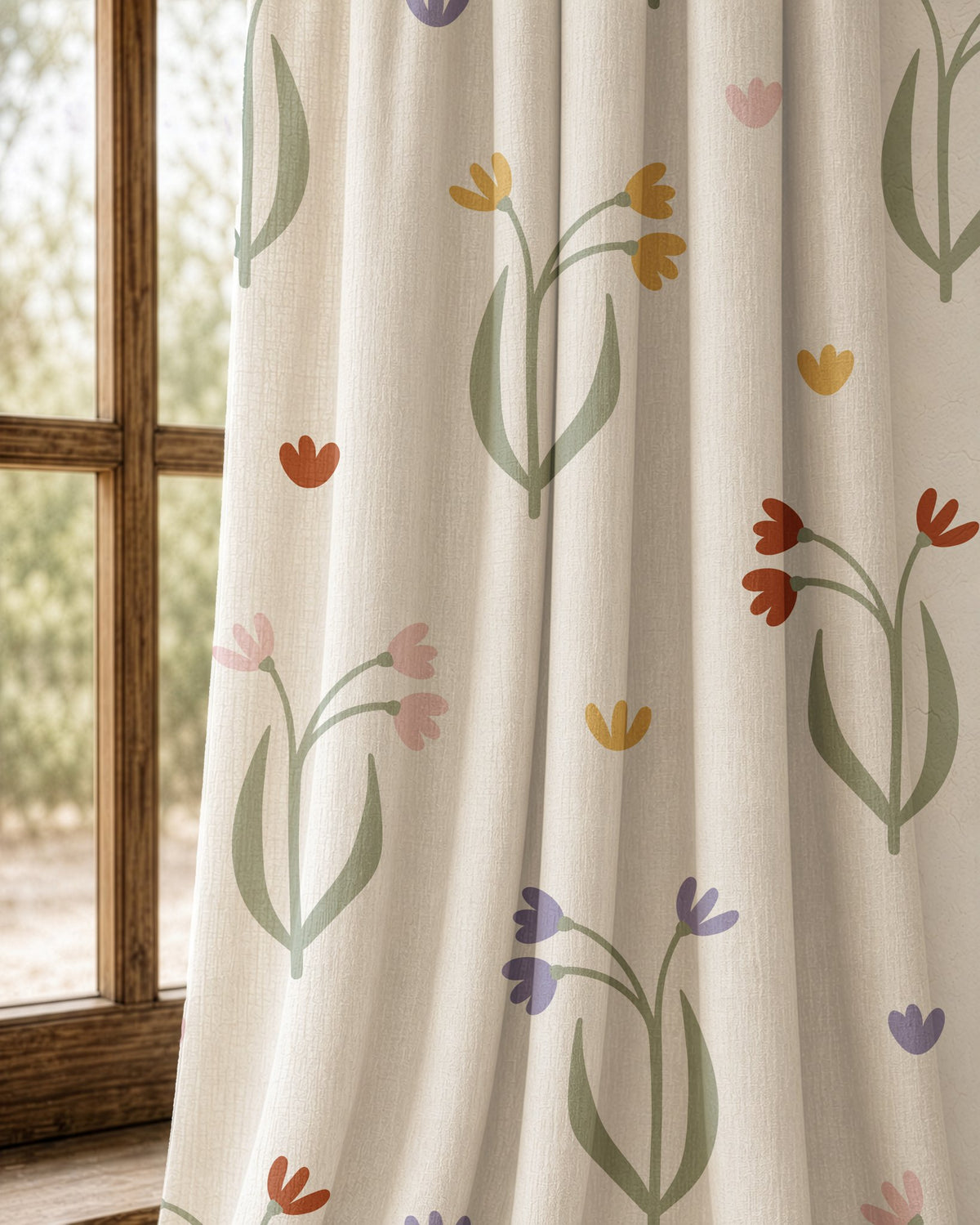 Pair of minimal tulip stem curtains at an arched window