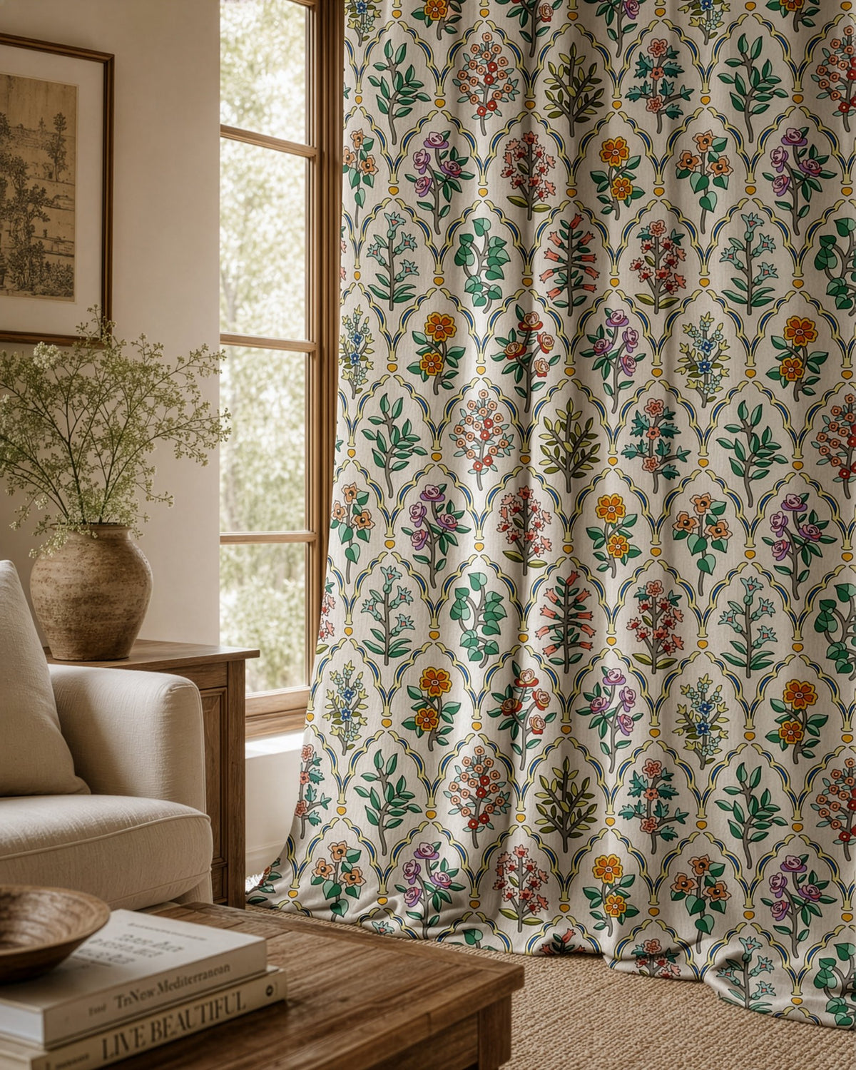 Mughal flower block print curtains in a living room