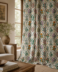 Mughal flower block print curtains in a living room