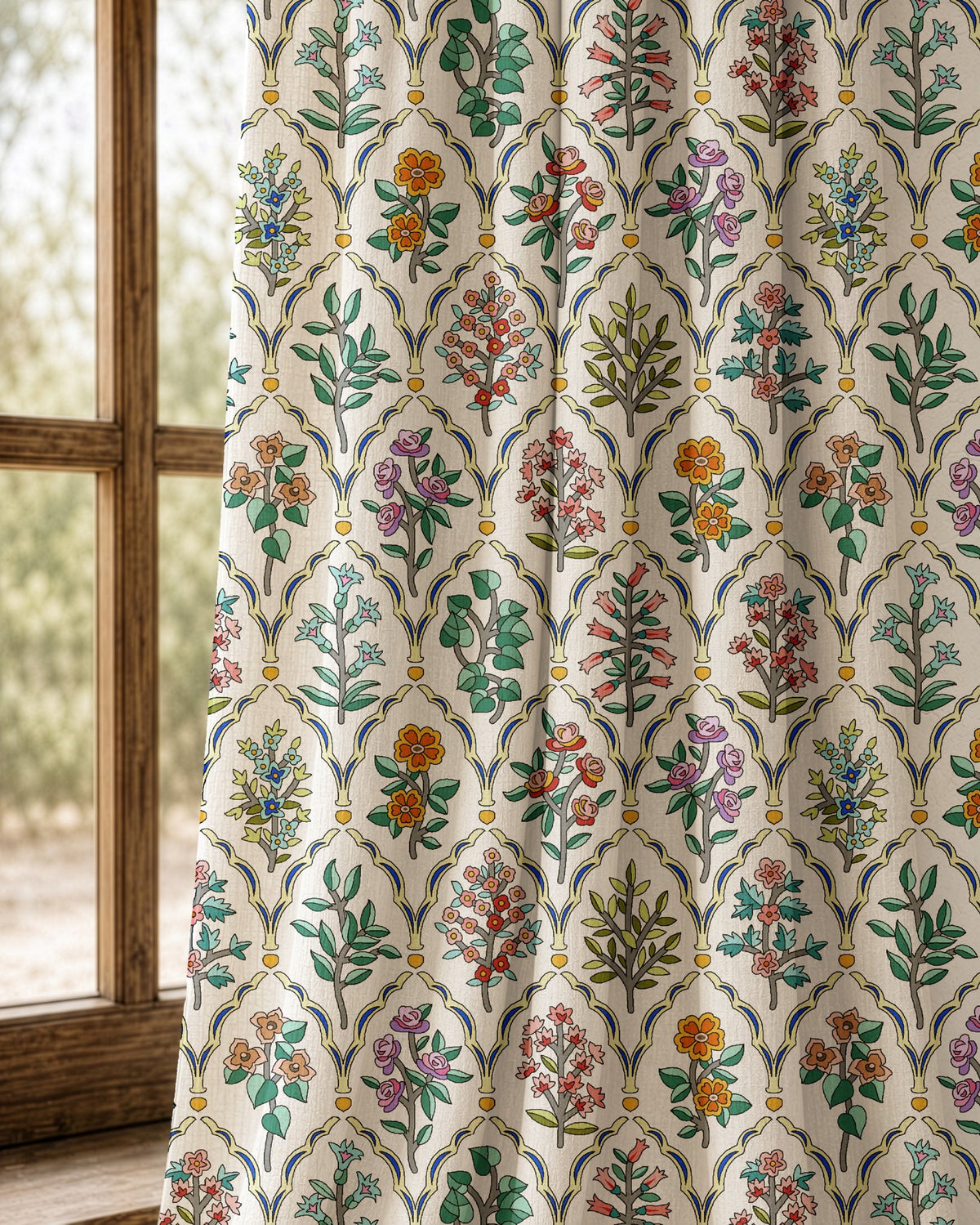 Pair of mughal flower block print curtains at an arched window
