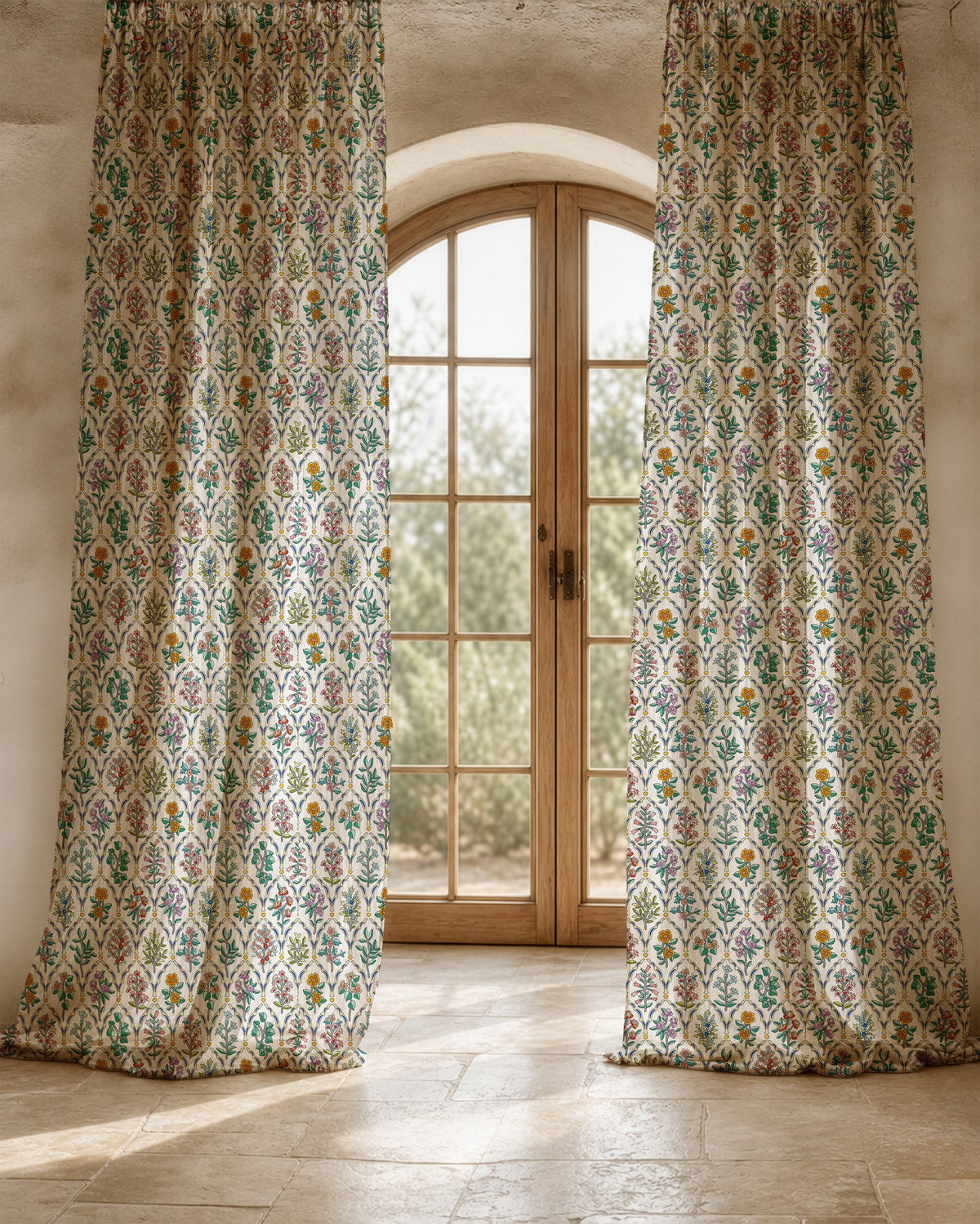 Two long mughal flower block print curtain panels