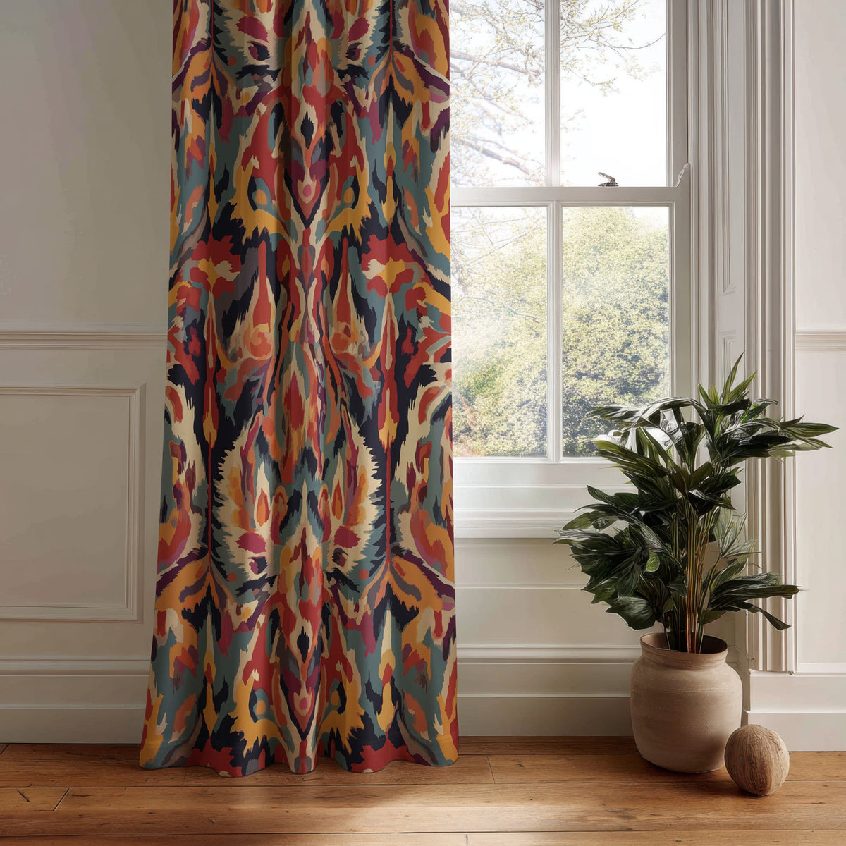Multicolor ikat curtain panel hanging by a white window
