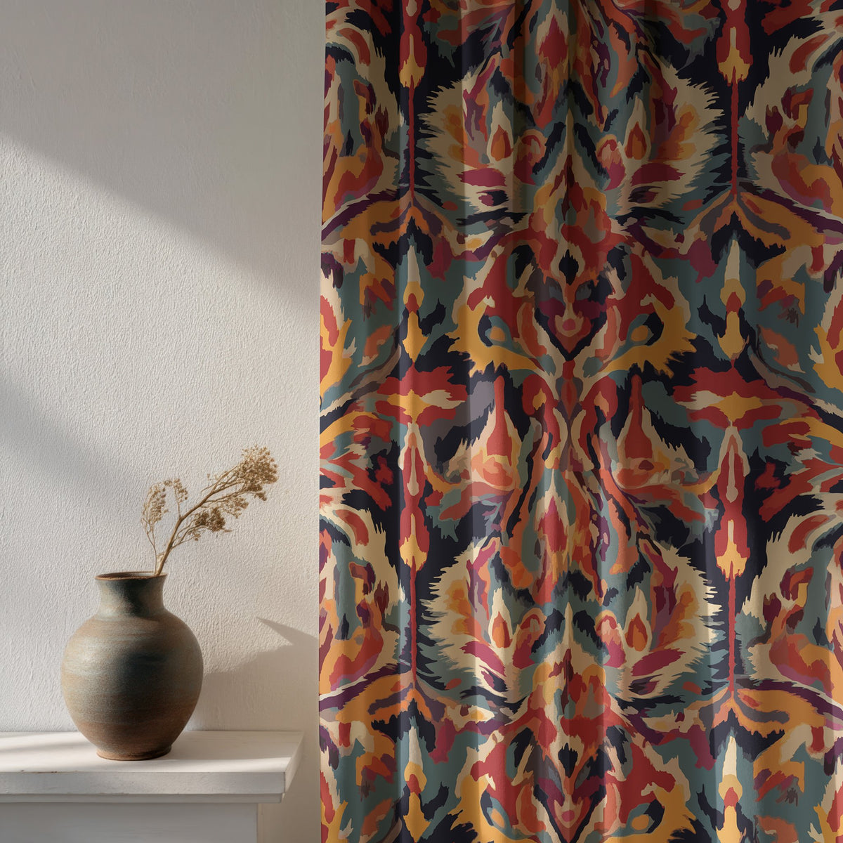 Soft daylight through a multicolor ikat curtain