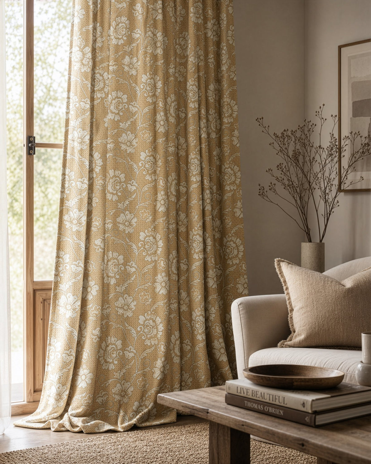 Mustard floral damask curtains in a living room
