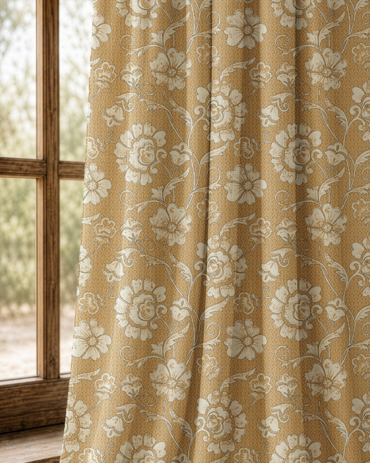 Pair of mustard floral damask curtains at an arched window
