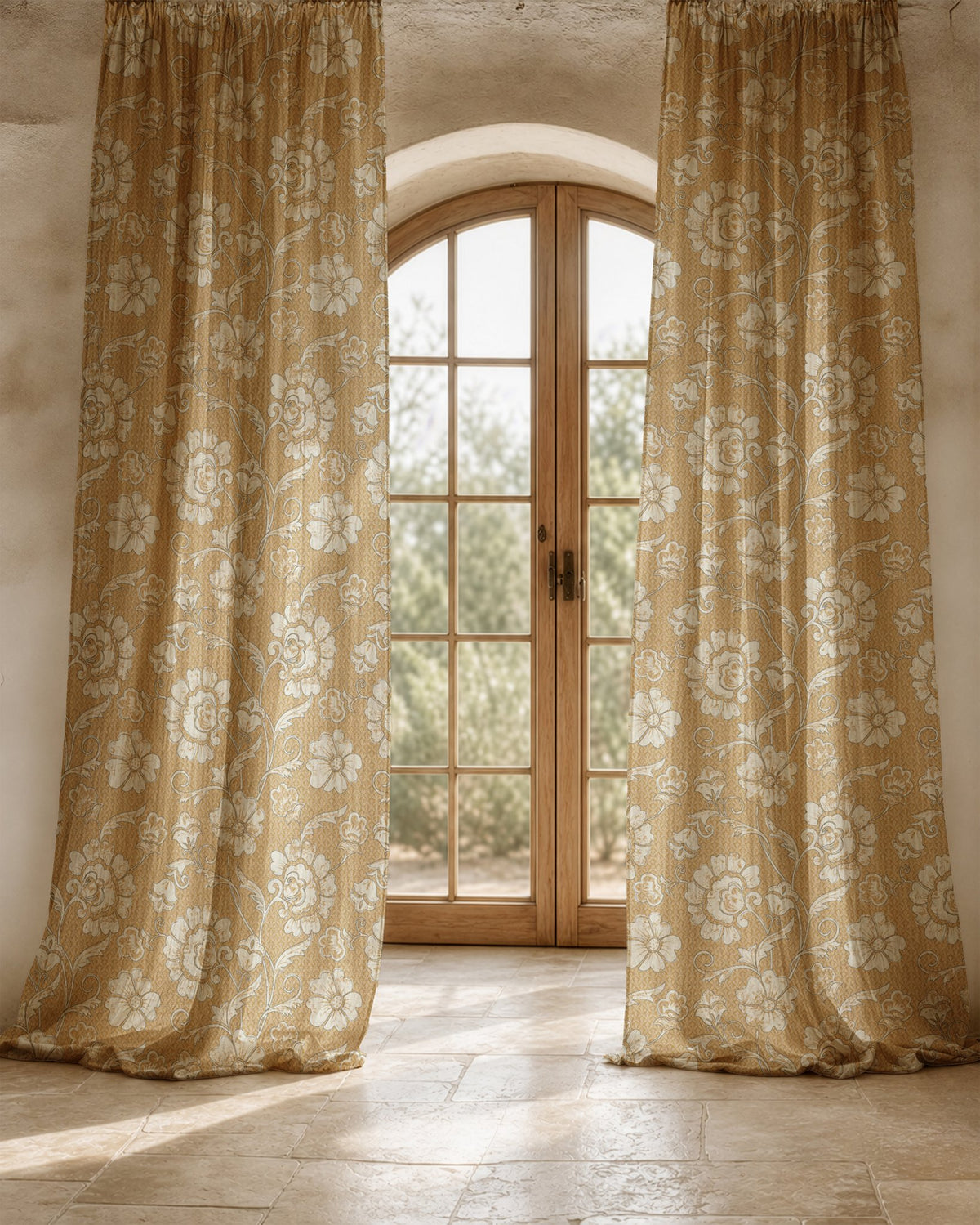 Close-up of the mustard floral damask print