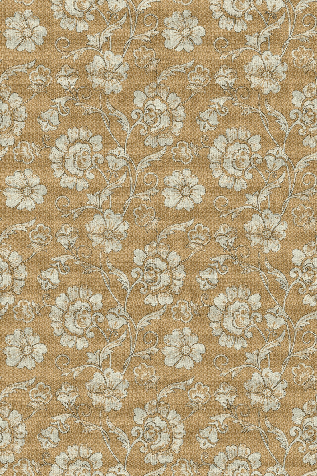 Close-up of the mustard floral damask pattern repeat