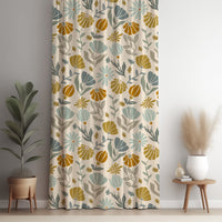 Mustard and sage boho botanical curtain panel against a white wall
