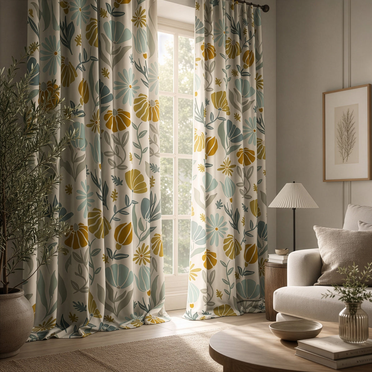 Mustard and sage boho botanical curtains in a living room