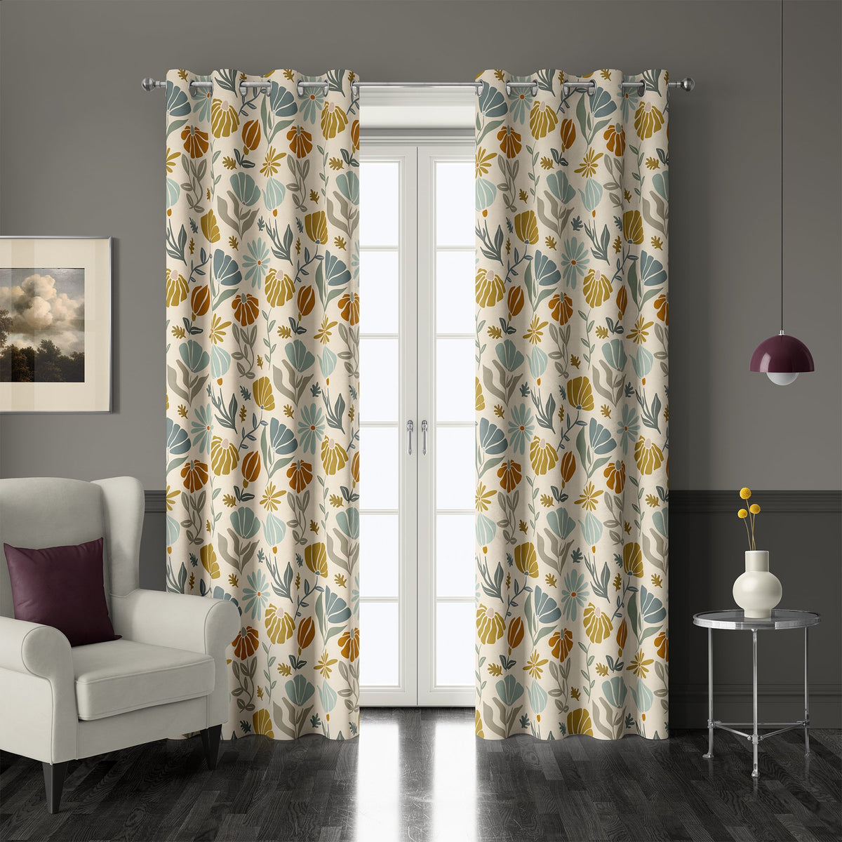 Pair of mustard and sage boho botanical grommet curtains at French doors