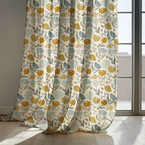 Mustard and sage botanical curtain panels by a sunny window