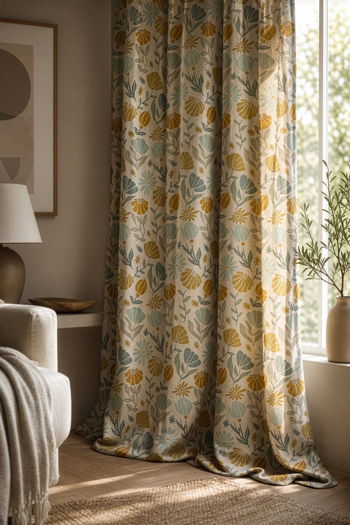 Mustard and sage botanical curtain on a black rod by a window