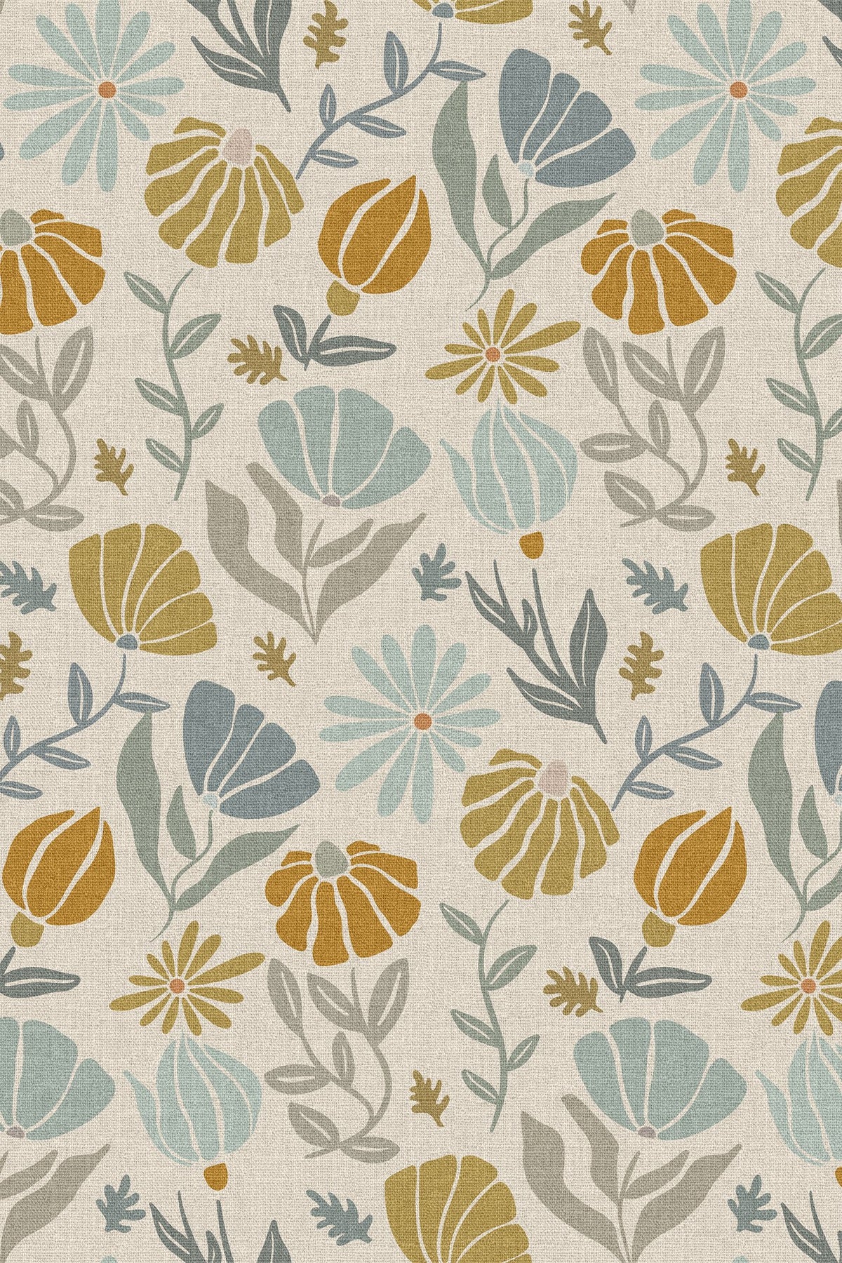 Close-up of the mustard and sage botanical pattern repeat