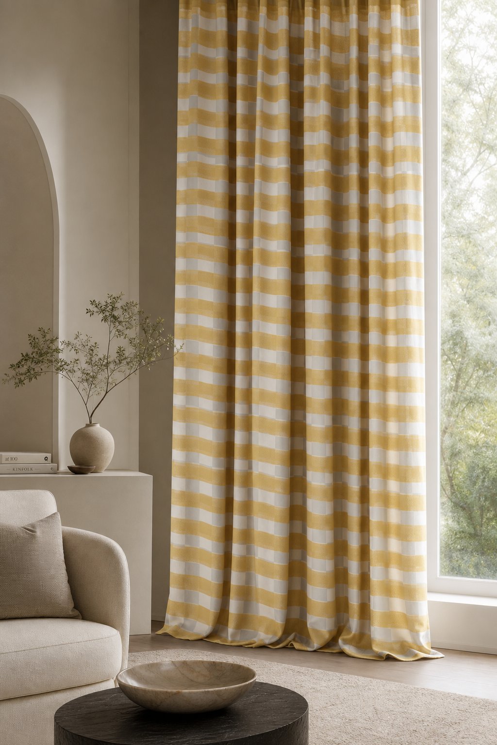 Mustard yellow check curtains in a living room