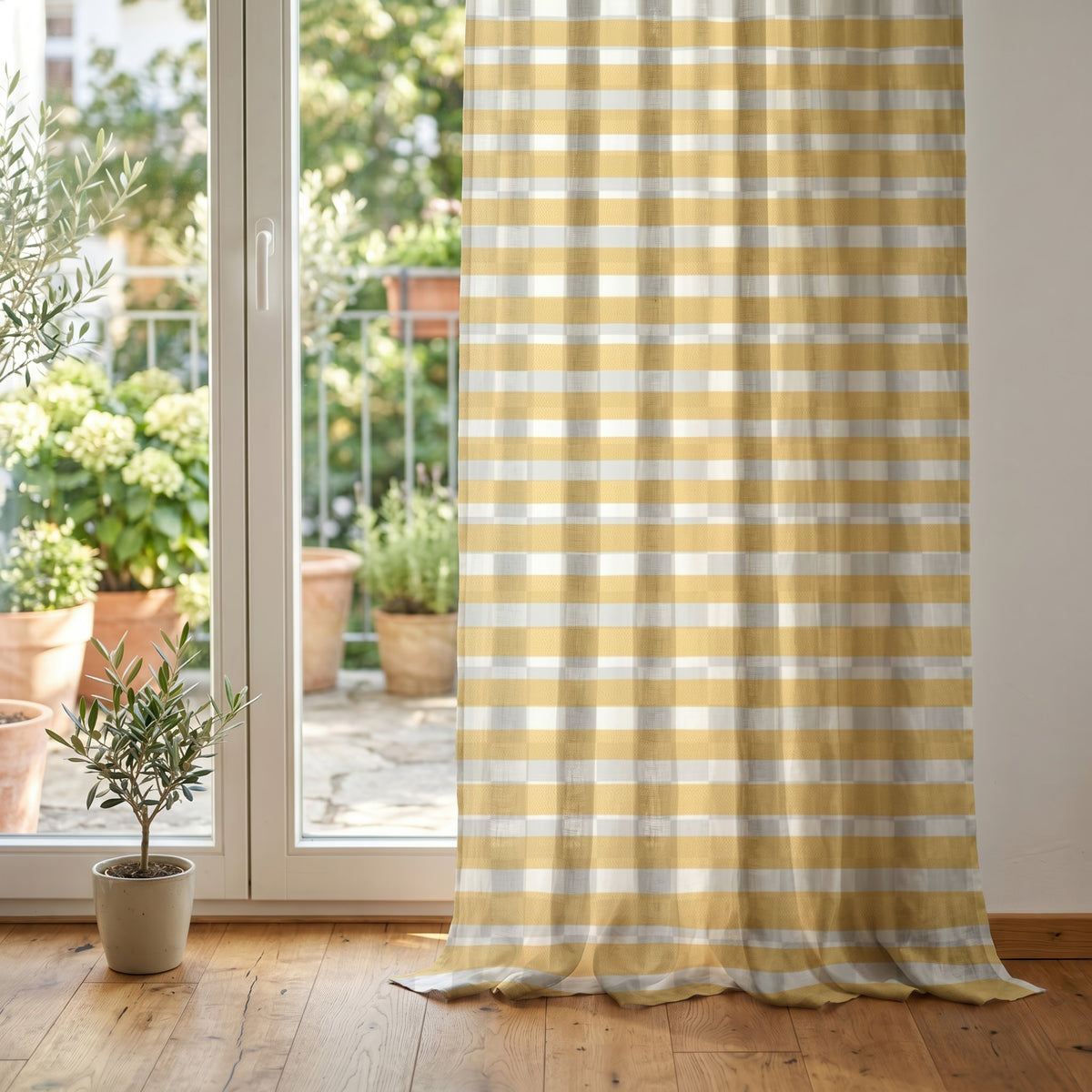 Mustard yellow check curtain at glass patio doors