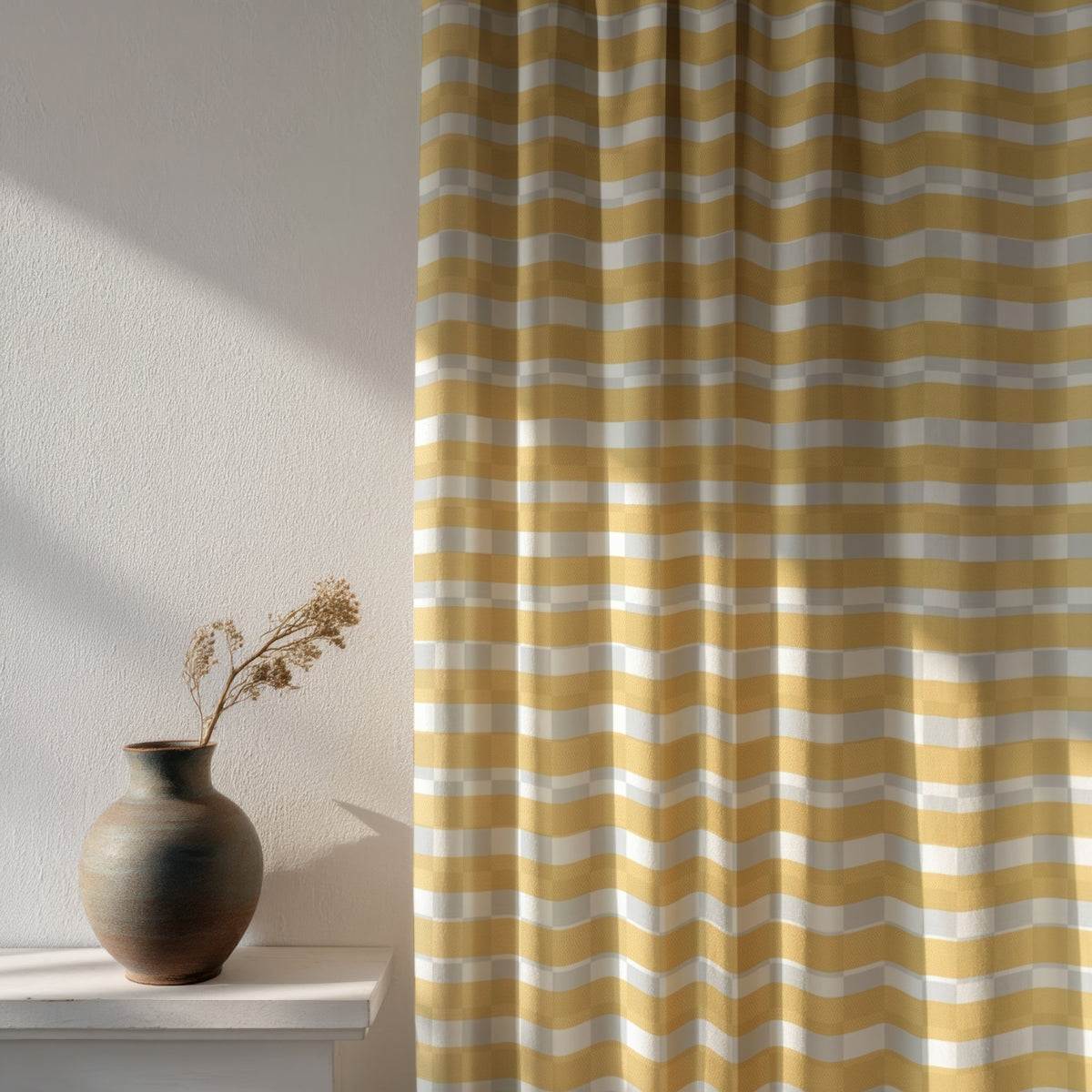 Soft daylight through a mustard yellow check curtain