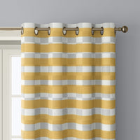 Close-up of mustard yellow check curtain grommets on a black rod