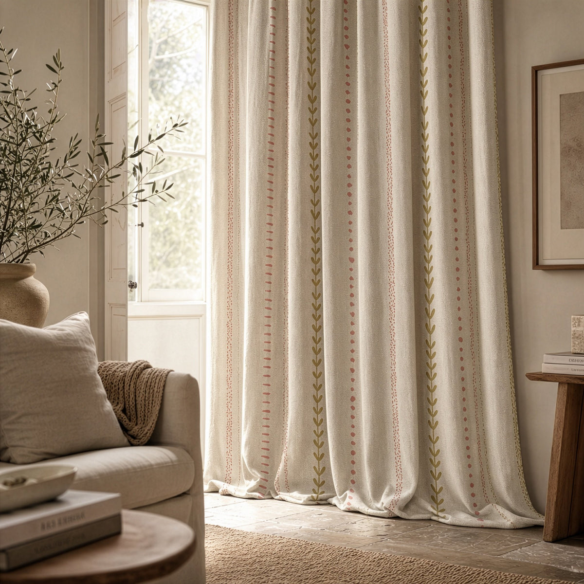 Natural folk ticking stripe curtains in a living room