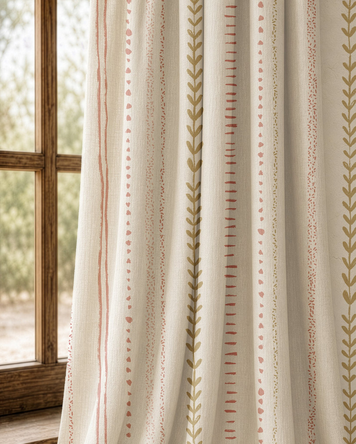Pair of natural folk ticking stripe curtains at an arched window