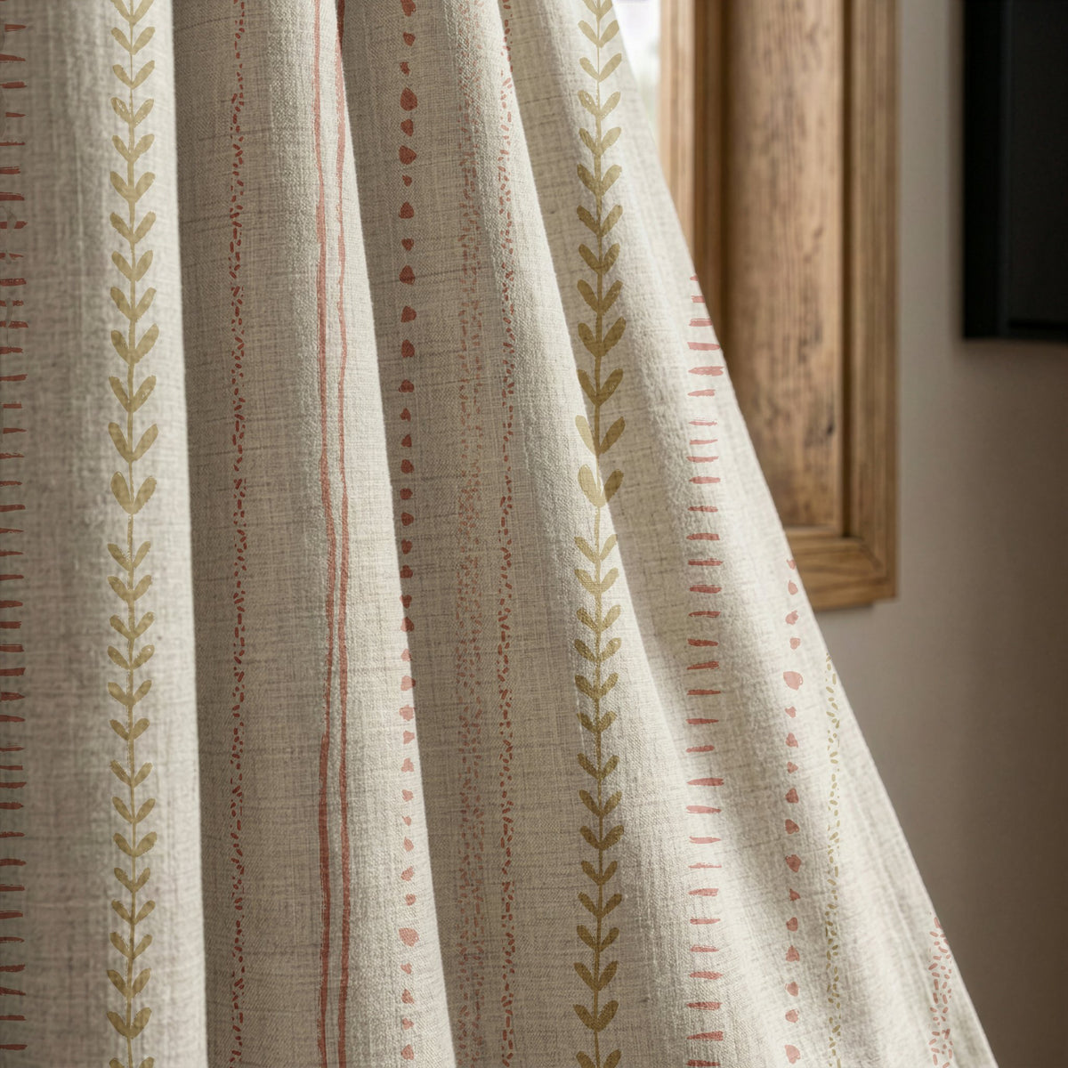 Natural folk ticking stripe curtain panel beside a rustic wooden window