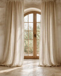 Close-up of the natural folk ticking stripe print