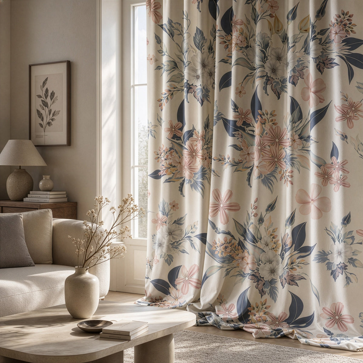 Navy and blush floral curtains in a living room