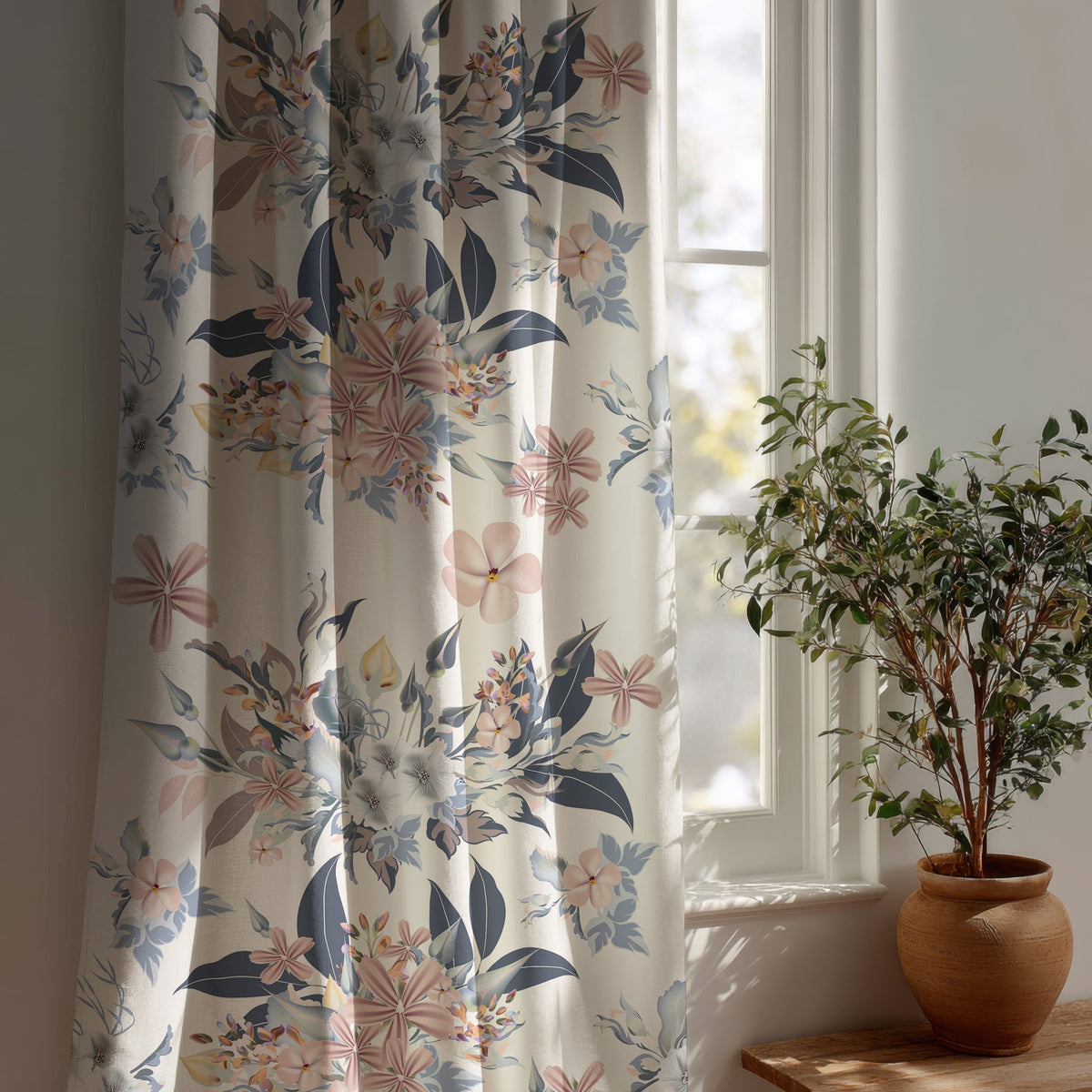 Navy and blush floral curtain beside a potted olive tree