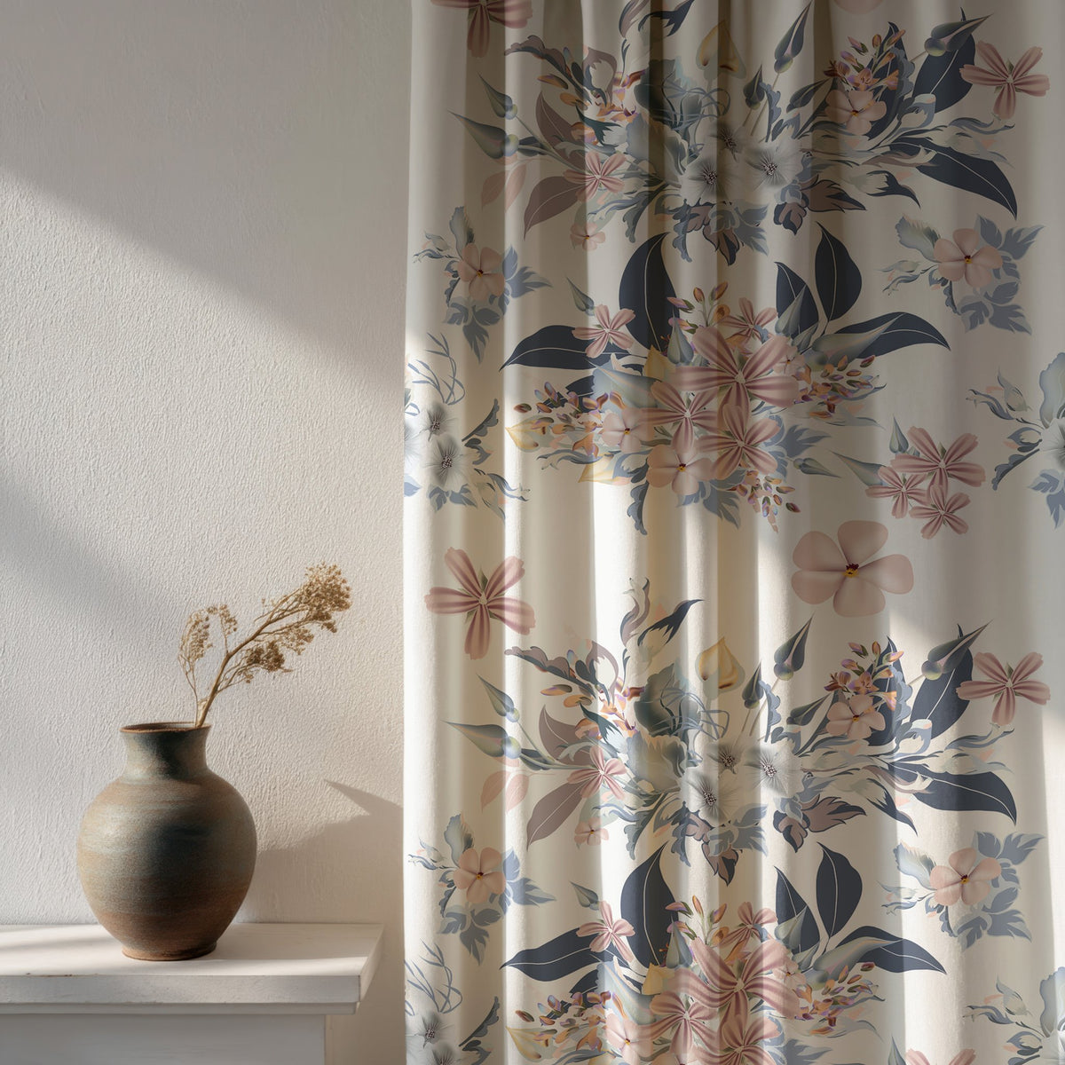 Soft daylight through a navy and blush floral curtain