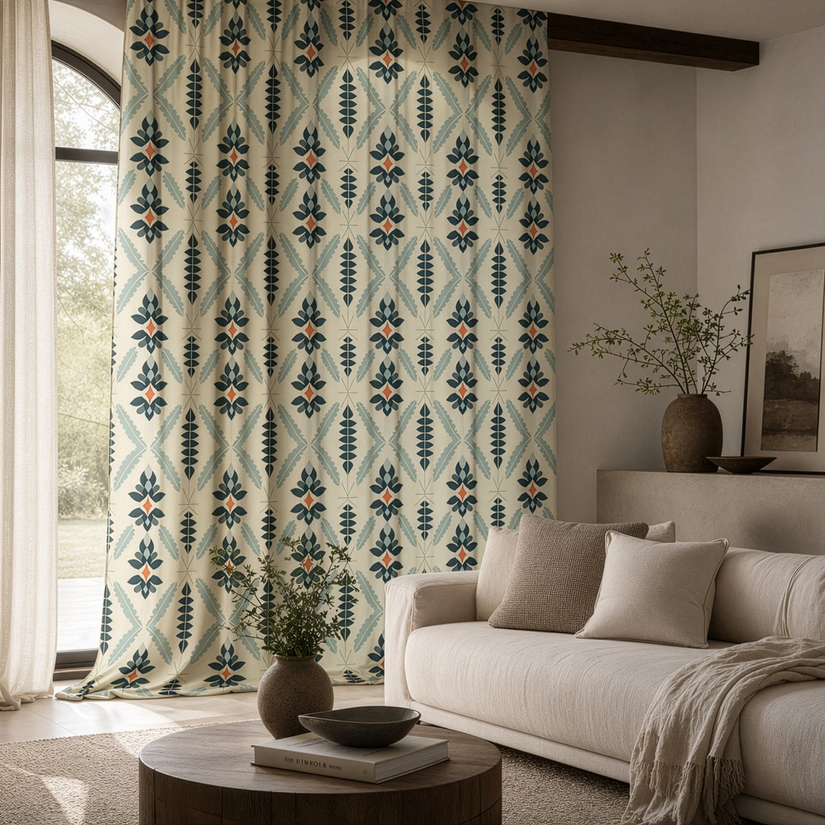 Navy folk diamond curtains in a living room