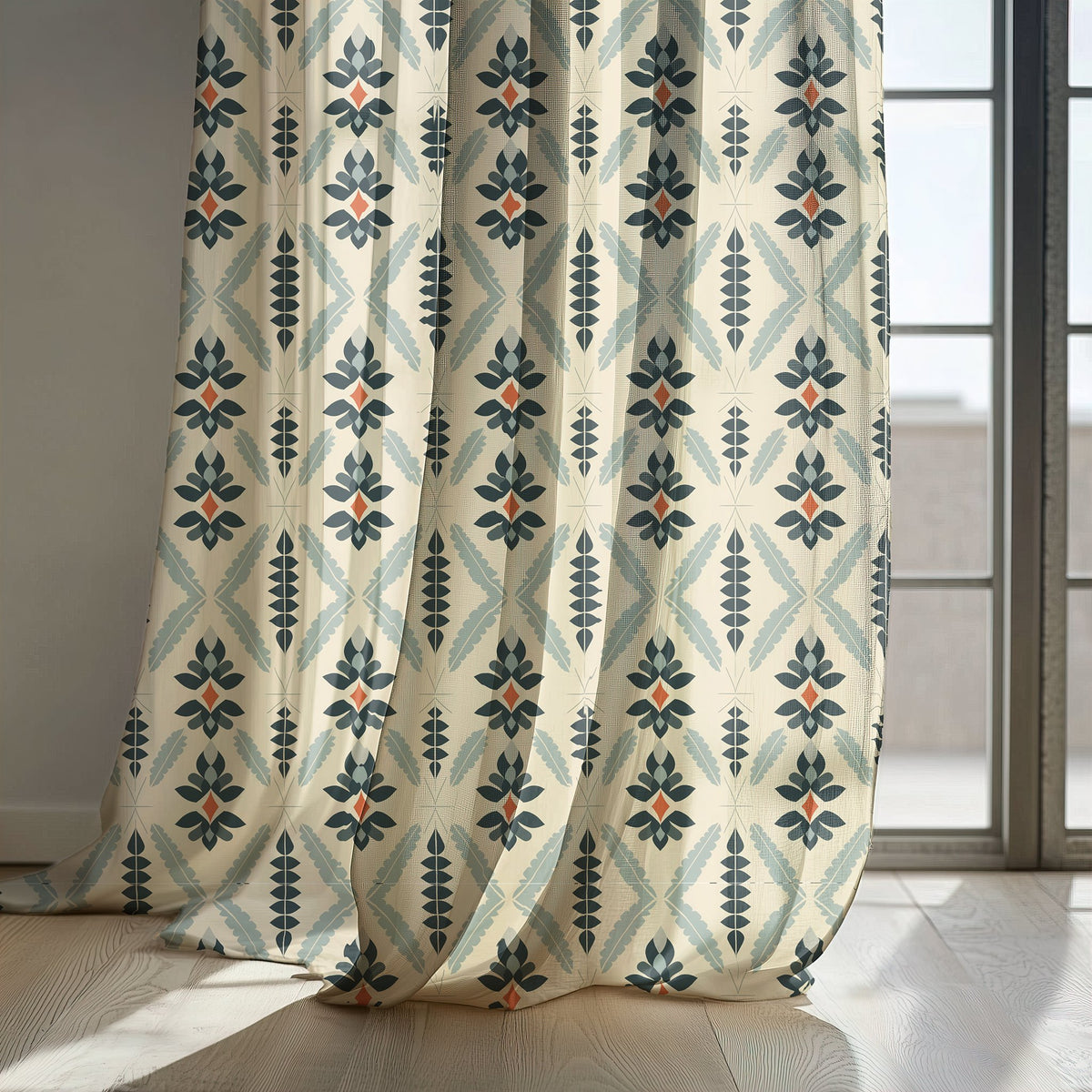 Navy folk diamond curtain panels by a sunny window