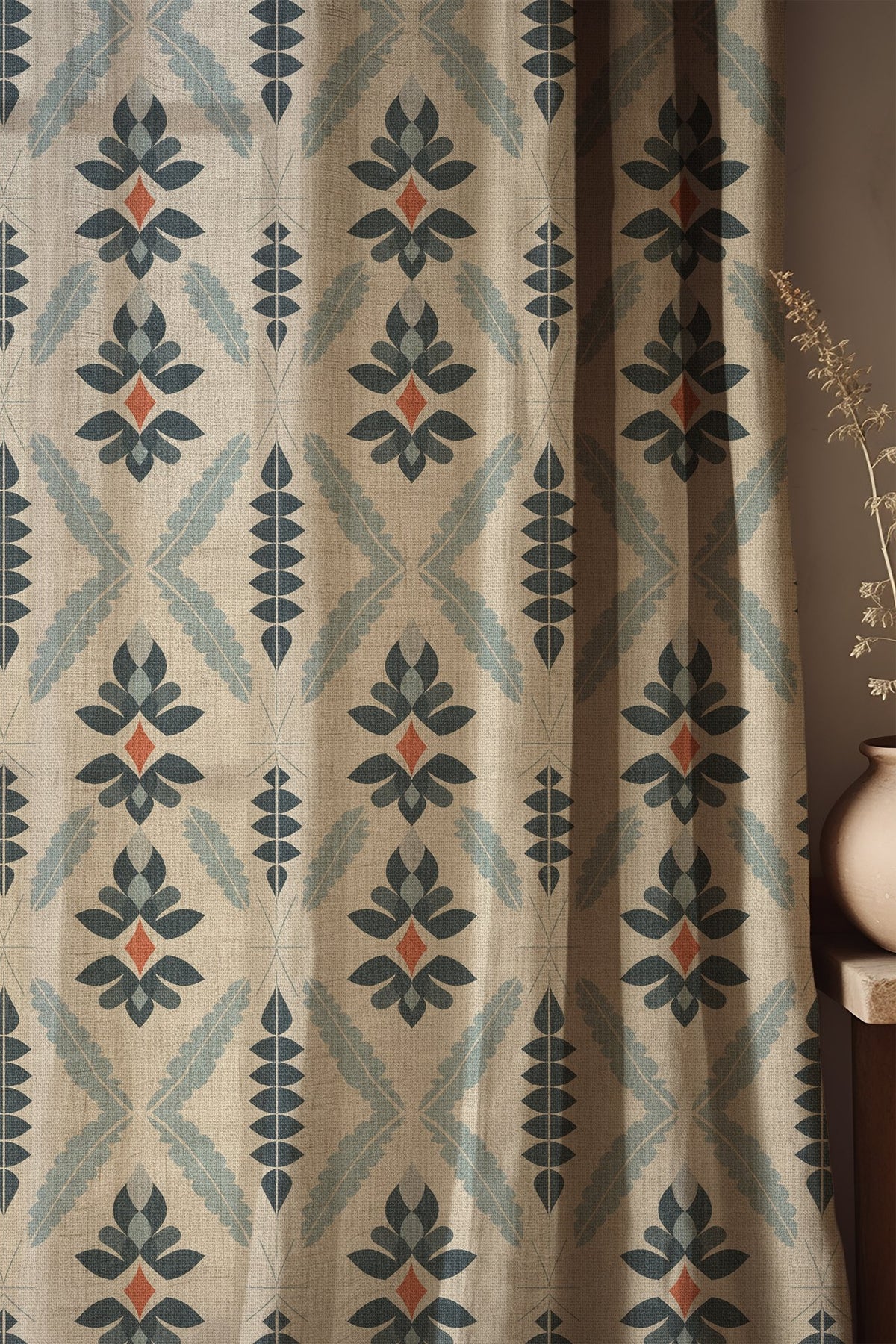 Soft folds of a navy folk diamond curtain