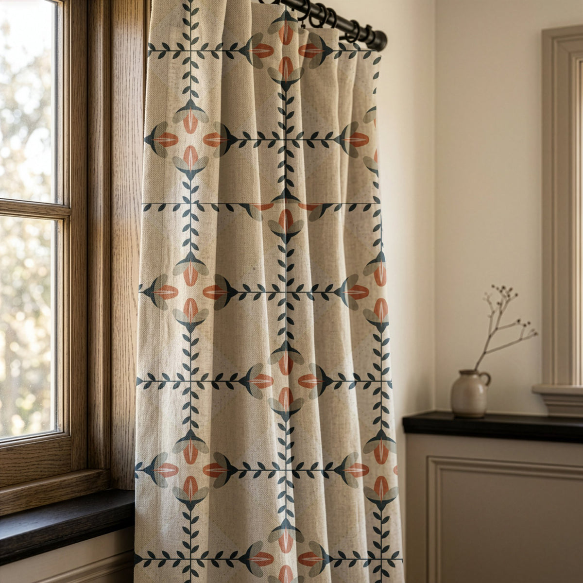 Navy folk lattice curtains in a warm living room