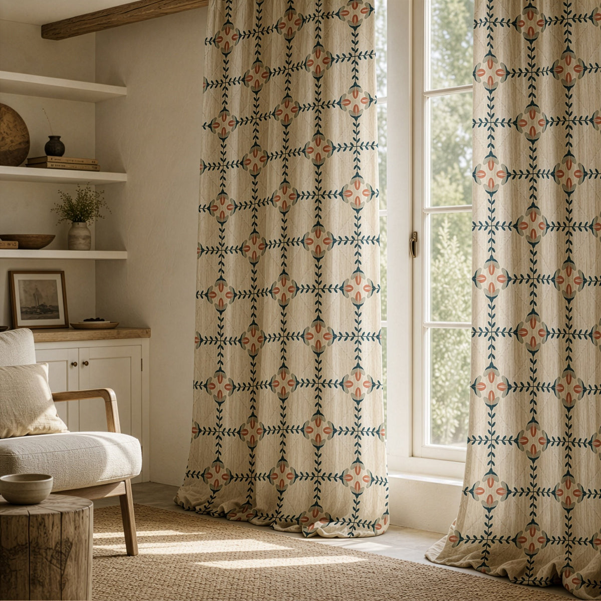 Navy folk lattice curtains in a living room