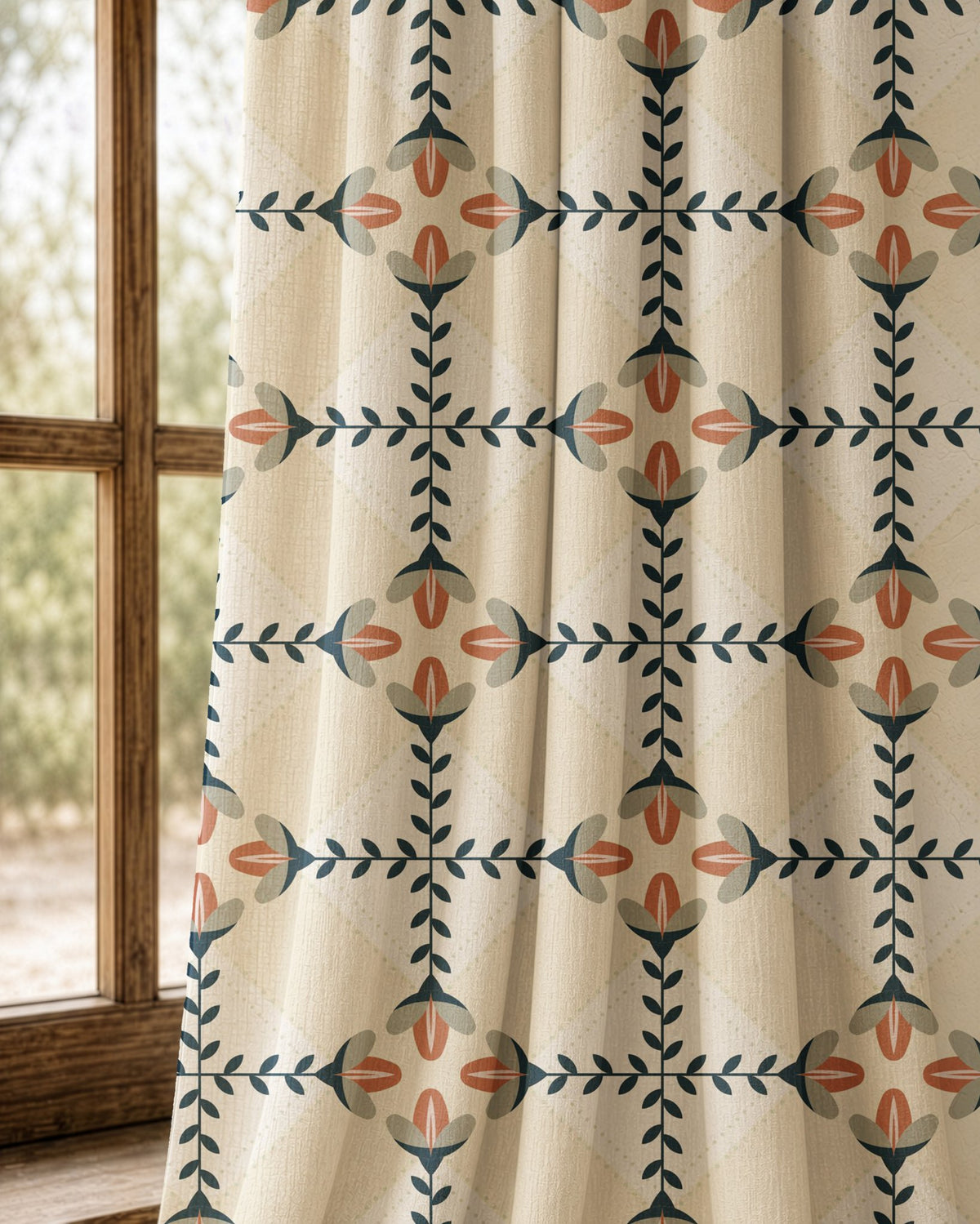 Pair of navy folk lattice curtains at an arched window