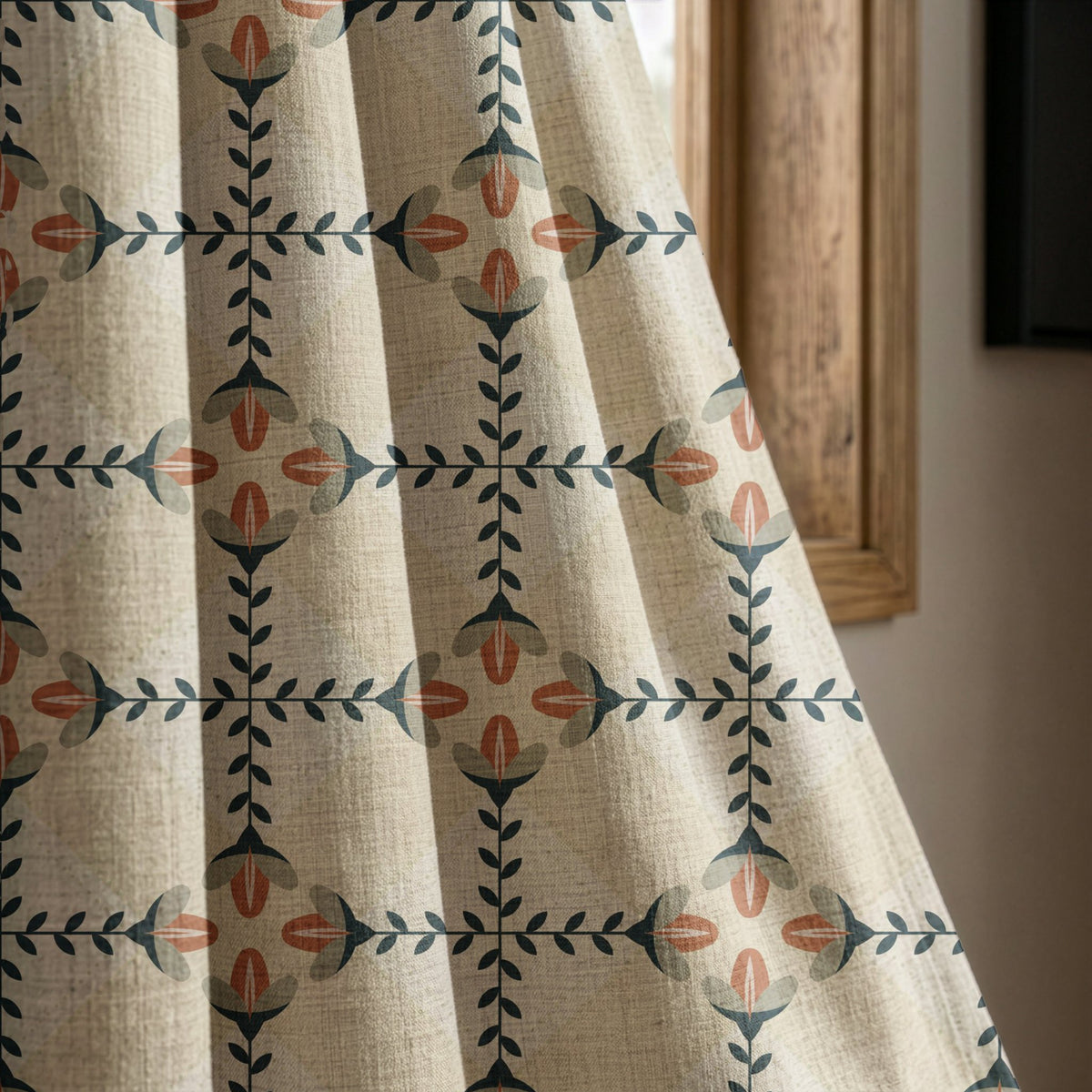 Navy folk lattice curtain panel beside a rustic wooden window