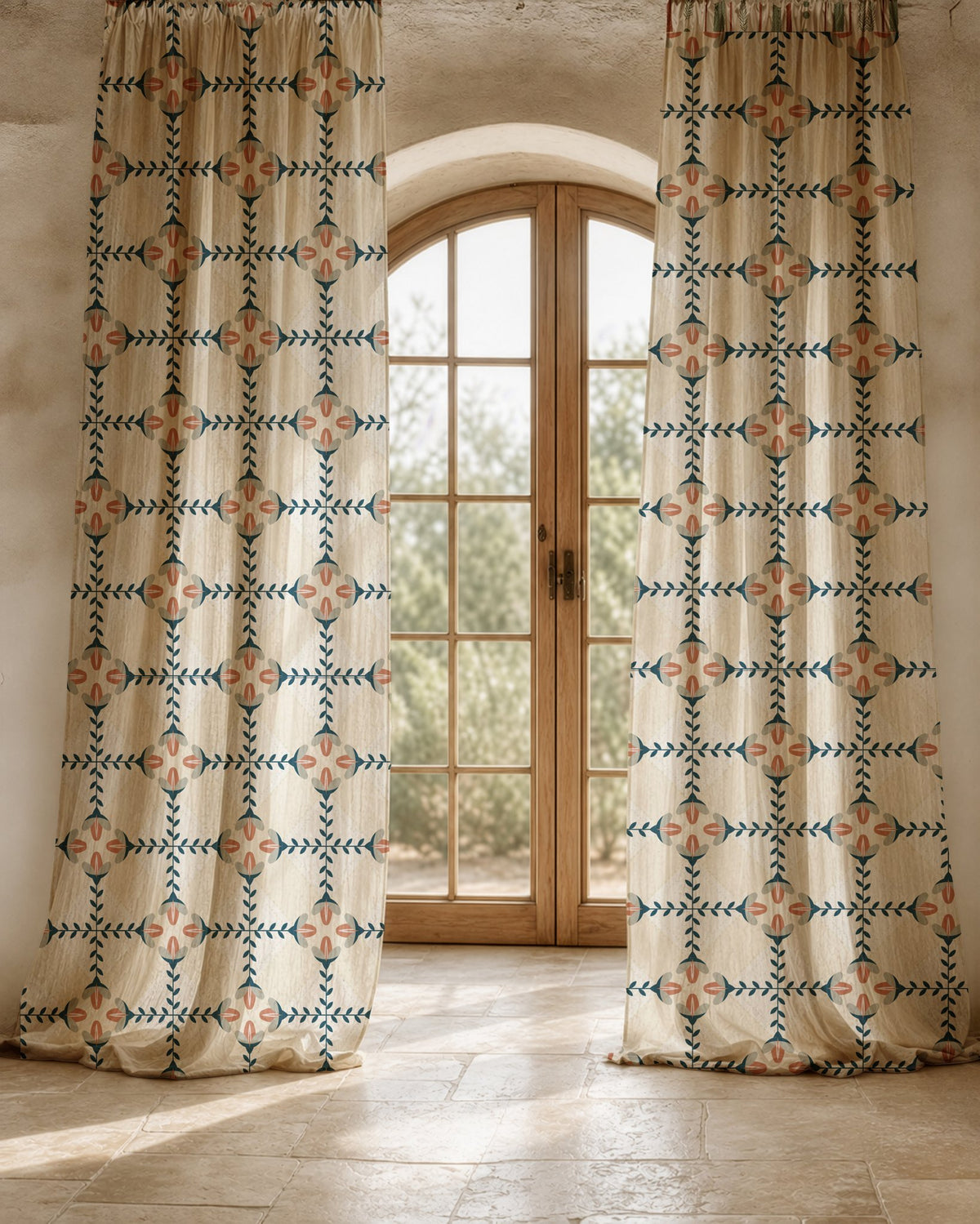Two long navy folk lattice curtain panels