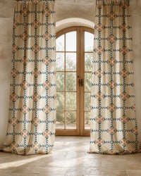 Two long navy folk lattice curtain panels