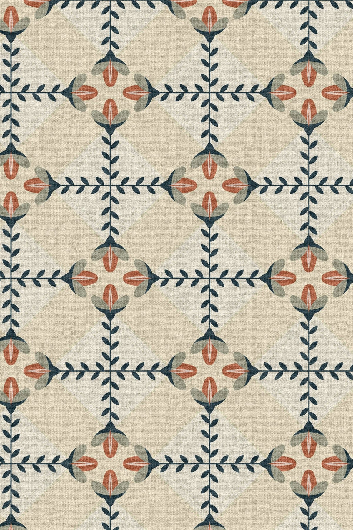 Close-up of the navy folk lattice pattern repeat