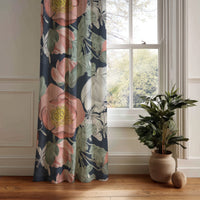 Navy large peony floral curtain panel hanging by a white window