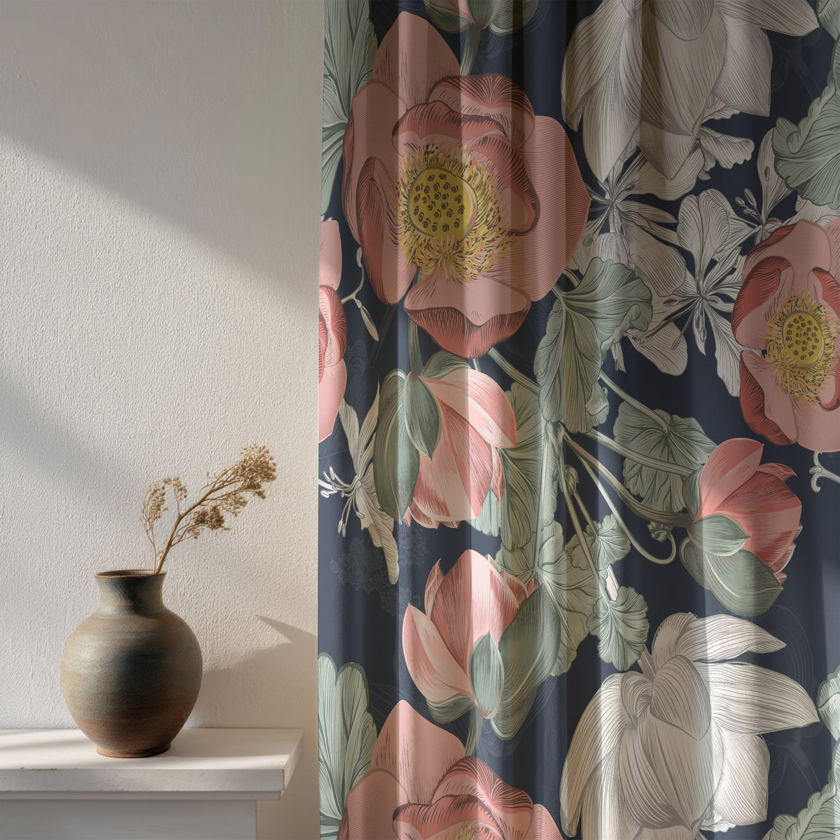 Soft daylight through a navy large peony floral curtain